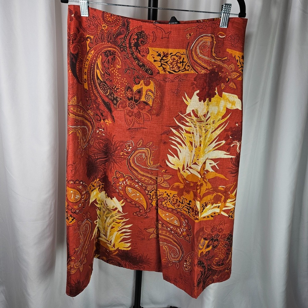Carole Little Skirt Womens Sz 8 Rust Geometric Linen Blend Midi Coastal Artsy
